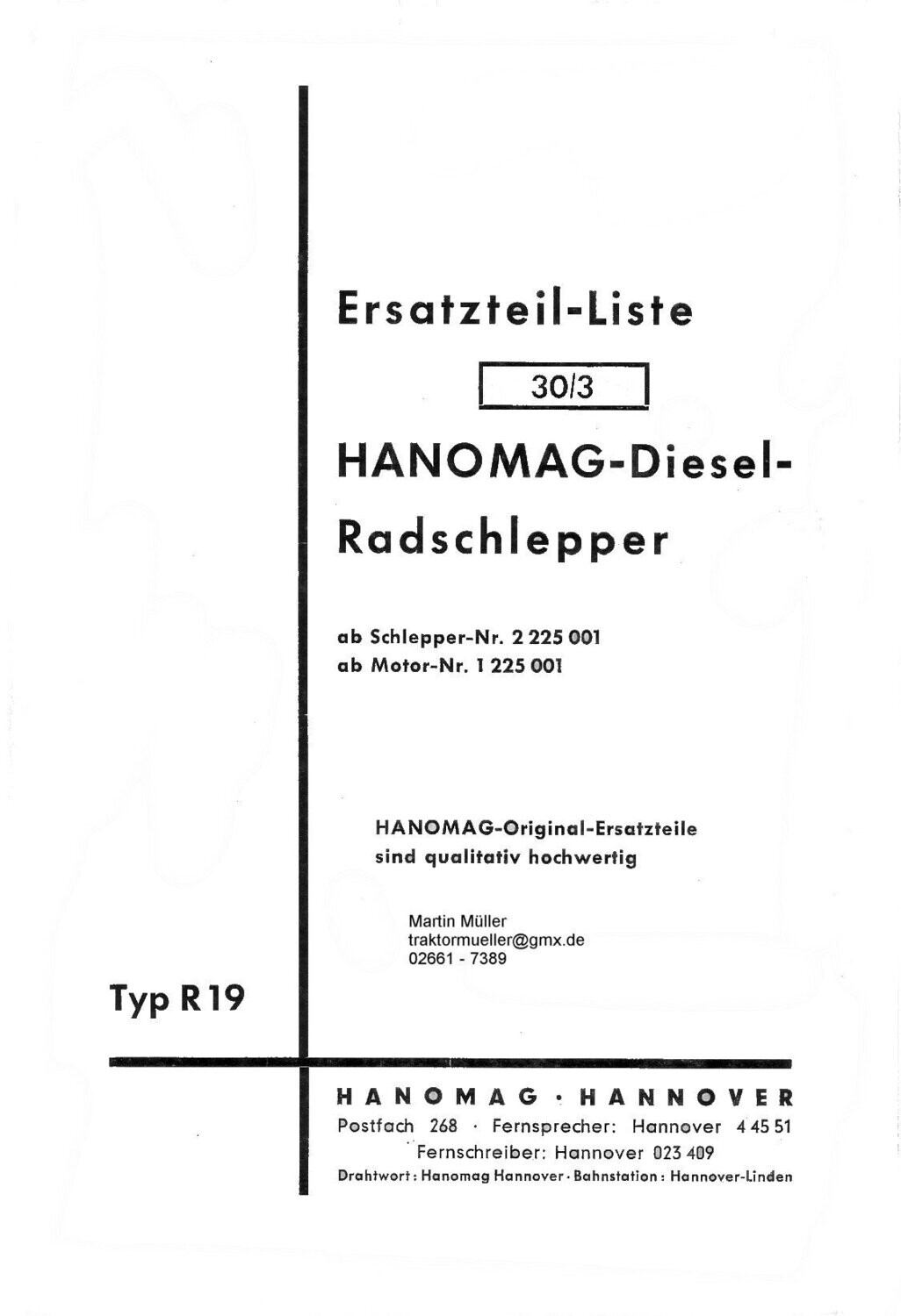 Hanomag R19 Ersatzteilliste Nr. 30-3 Hanomag R19 Ersatzteilliste Nr. 30-3