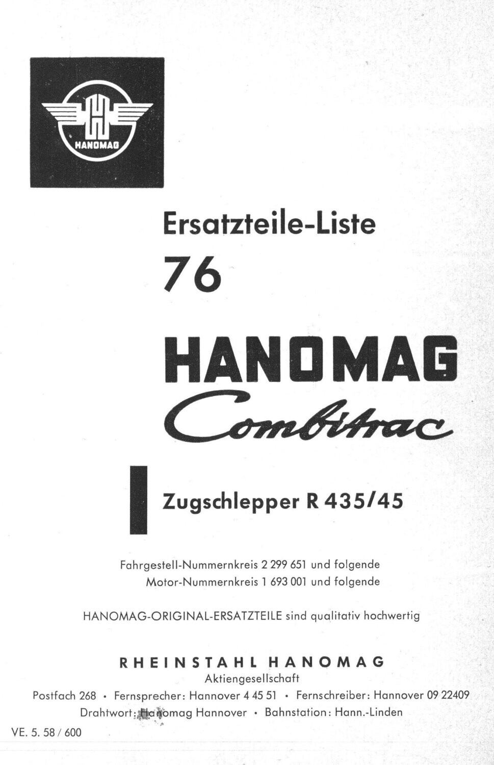 Hanomag R435 - 45, Ersatzteilliste Nr.76 Hanomag R435 - 45, Ersatzteilliste Nr.76