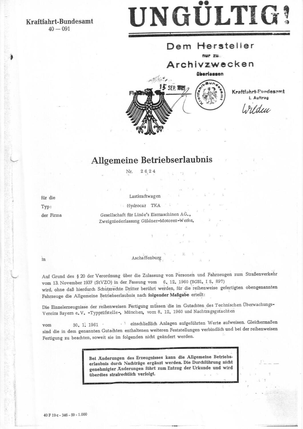 Güldner Hydrocar TKA ungültig gestempelte ABE und Betriebsanleitung Güldner Hydrocar TKA ungültig gestempelte ABE und Betriebsanleitung