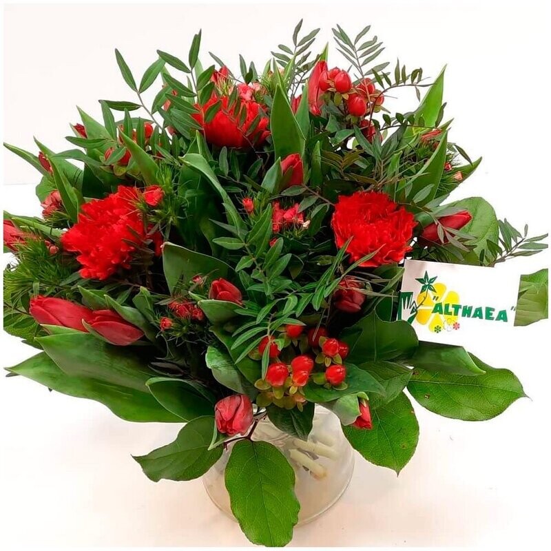 Boeket met rode rozen, rode bloemen en fris groen