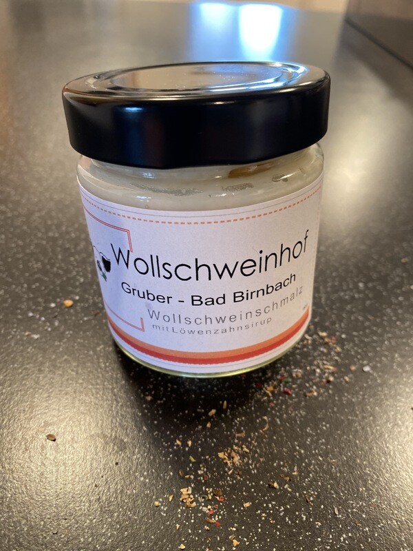 Schmalz vom Wollschwein verfeinert  mit Löwenzahn Sirup im Glas