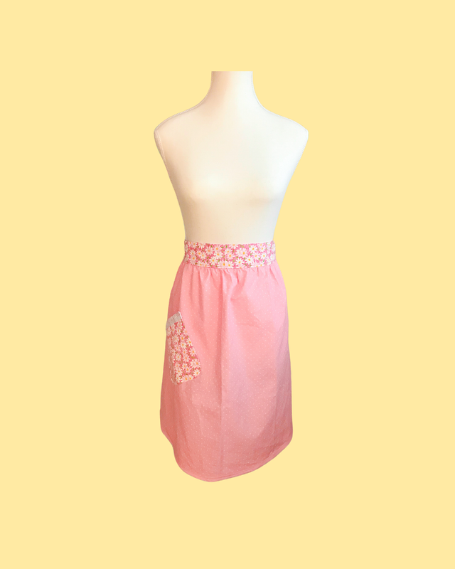 Handmade Light Pink Polka Dot with Daisies and Pocket Apron - Made by Fran