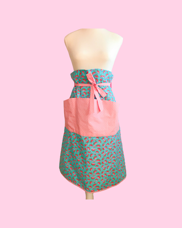 Handmade High Waisted Pink and Blue Watermelon with Polka Dots and 3 connected Pockets Apron - Made by Fran