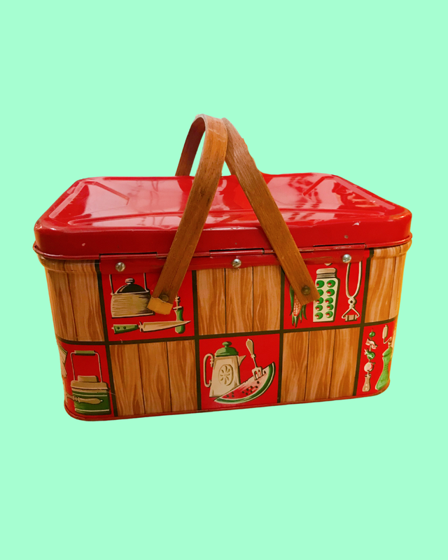 Vintage Decoware Tin Litho Red Kitchen Print Picnic Basket (1950&#39;s) - Dented