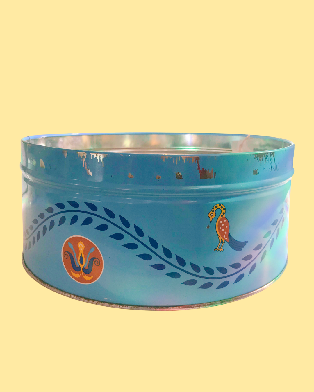 Vintage Blue Tin - No Lid - Circle 12.5 inches across x 5 inches tall