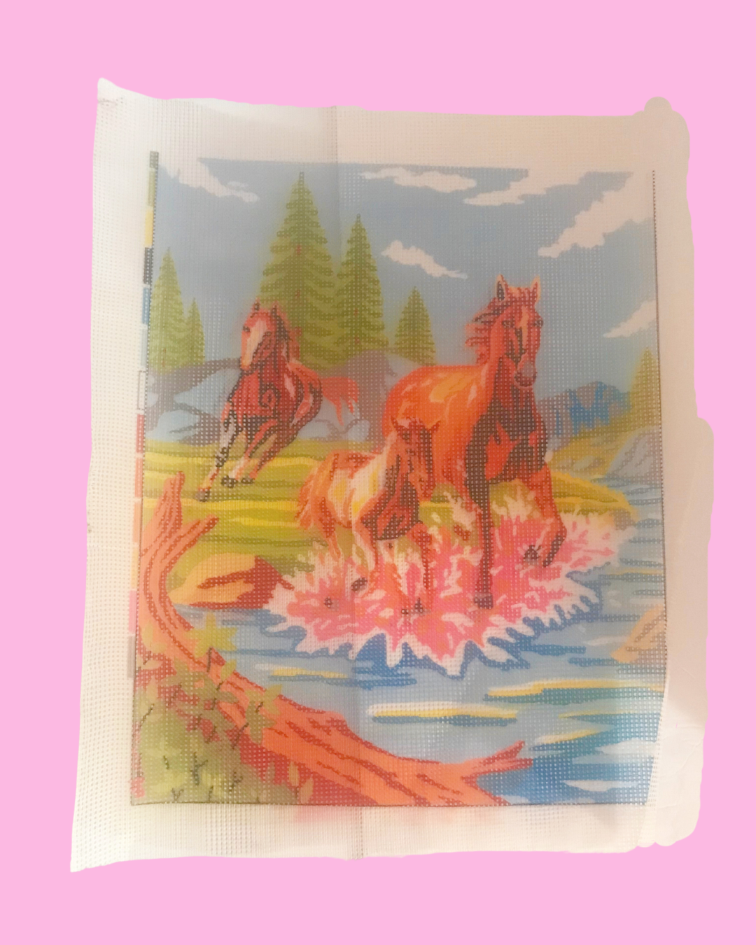 VIntage Wild Horses Needlepoint Canvas 12 in x 15 in