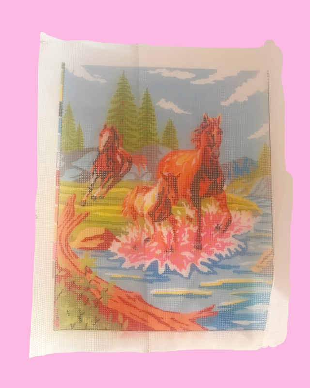 VIntage Wild Horses Needlepoint Canvas 12 in x 15 in