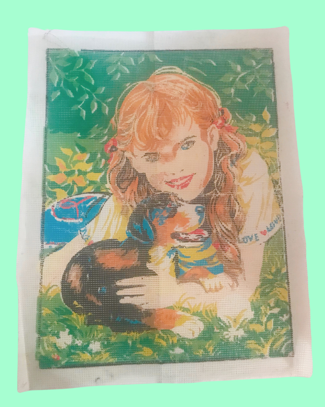 Vintage Girl with Puppy Needlepoint Canvas 18 in x 14 in