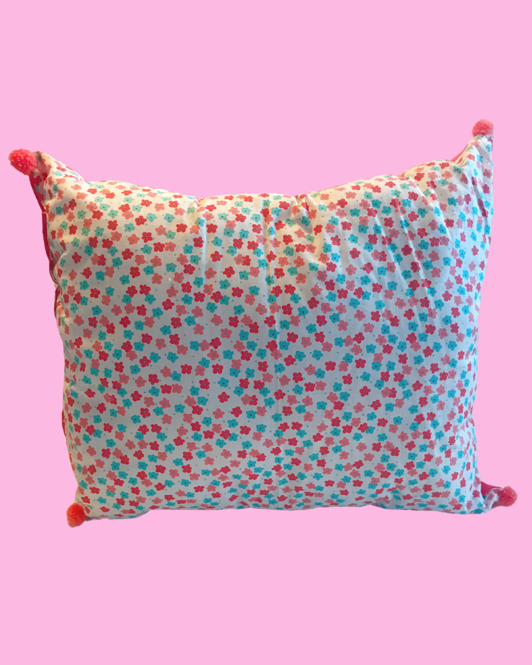 Handmade Pillow with Floral Print and Pom Poms