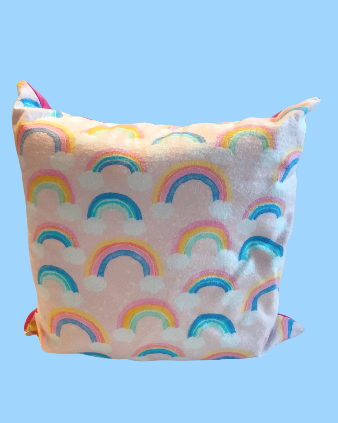 Handmade Pillow with Rainbow Print and Pink Back