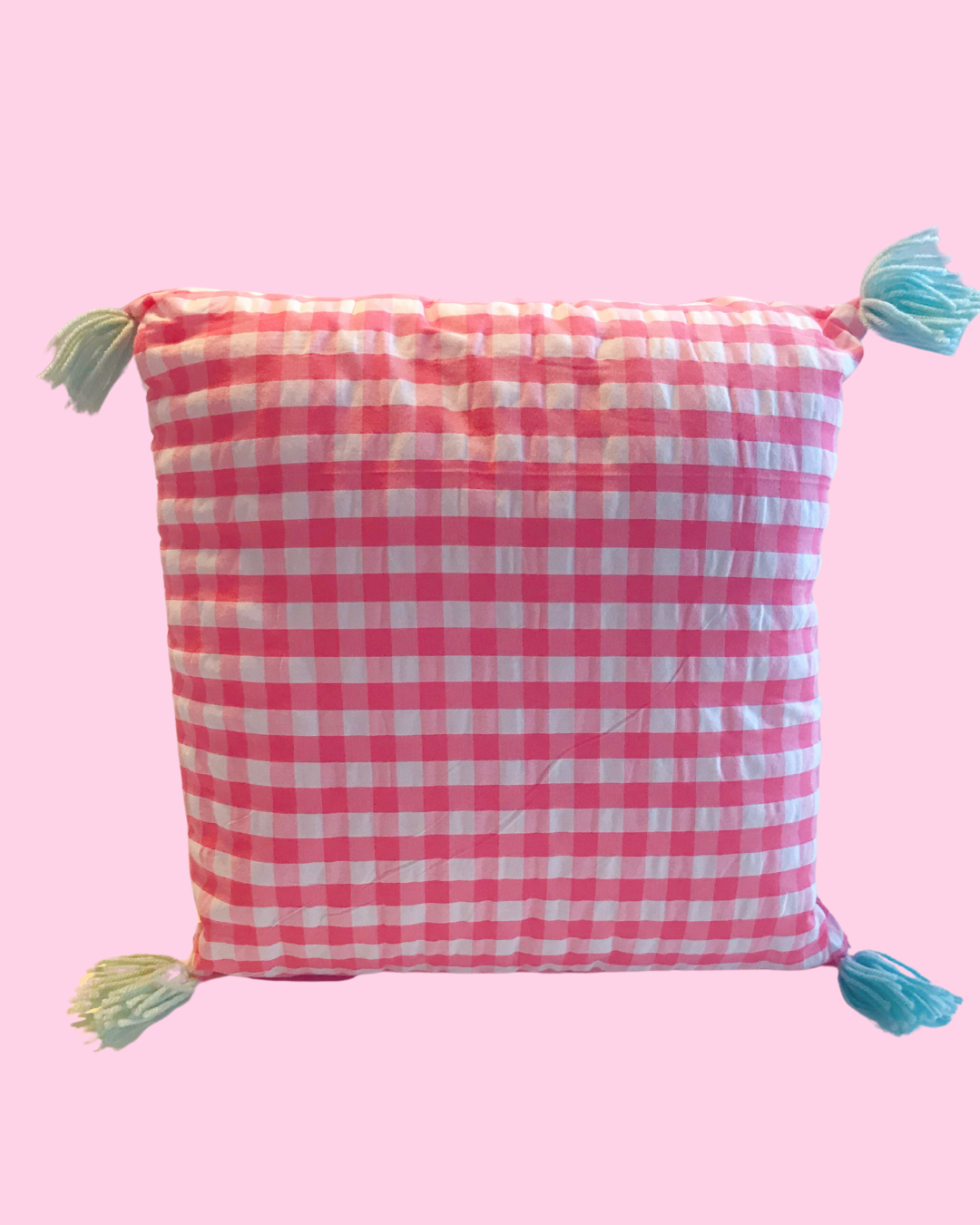 Handmade Pillow with Pink and White Check Print and Blue Tassles
