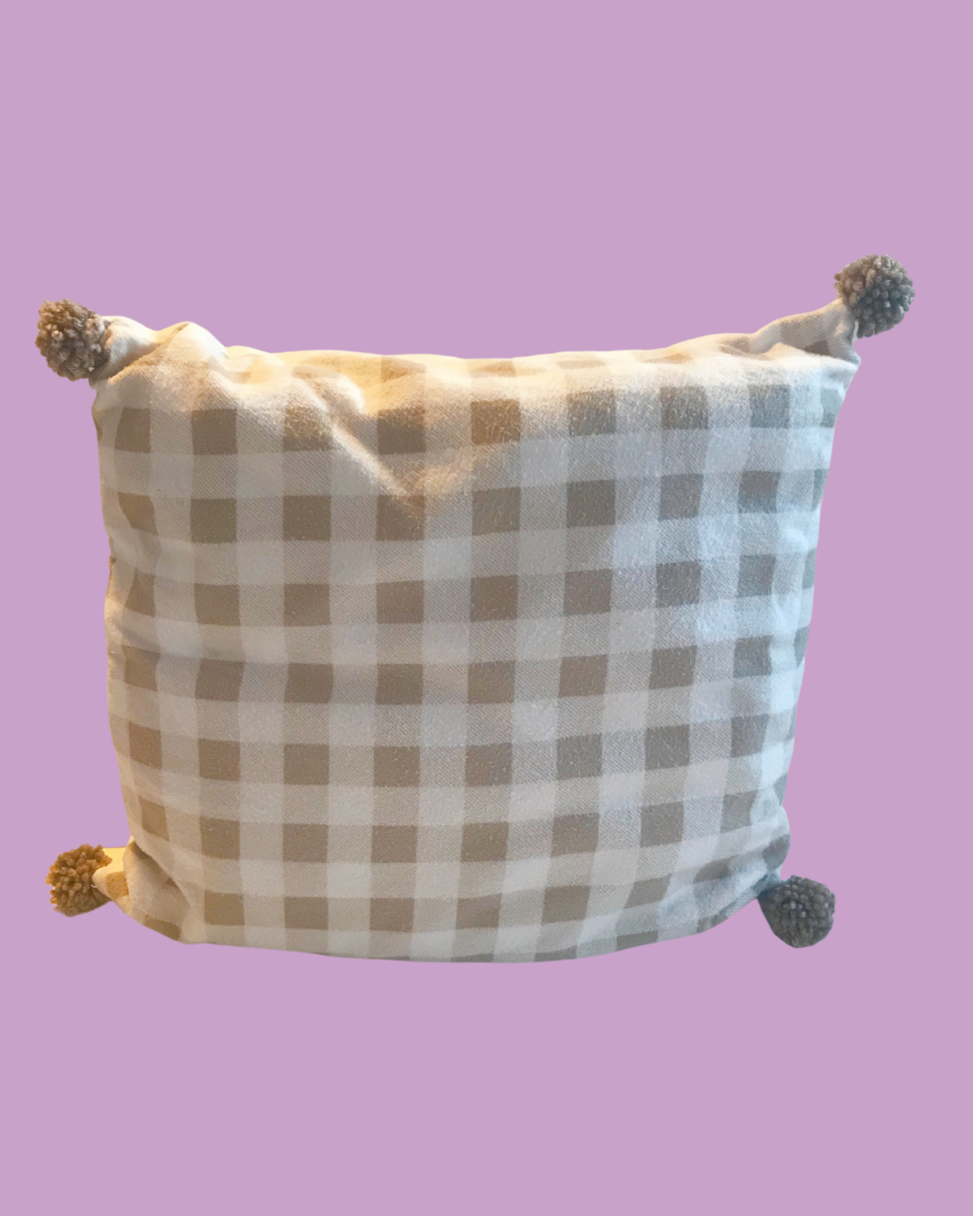 Handmade Pillow with Taupe and White Checks and Taupe Pom Poms