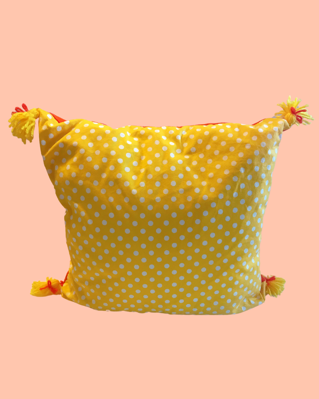 Handmade Pillow with Yellow and White Polka Dots, Orange Back and Yellow Tassels with Orange Bows