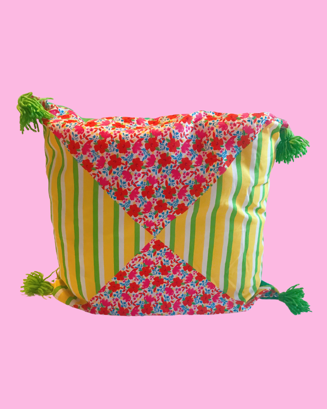 Handmade Pillow with Floral &amp; Stripes Print , Green Back and Green Tassels