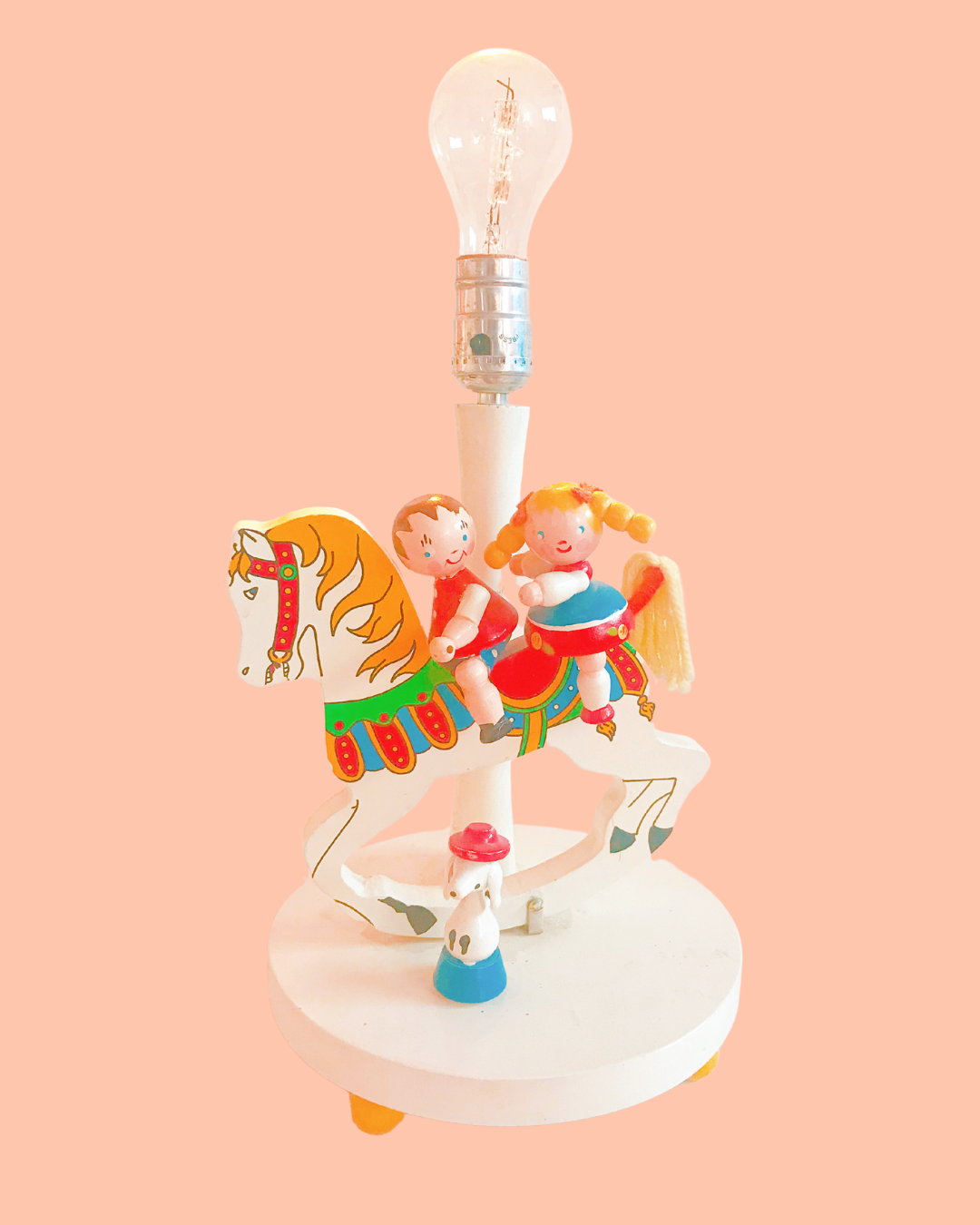 VIntage Handmade Wooden Lamp with Children on Circus Pony with Little Dog