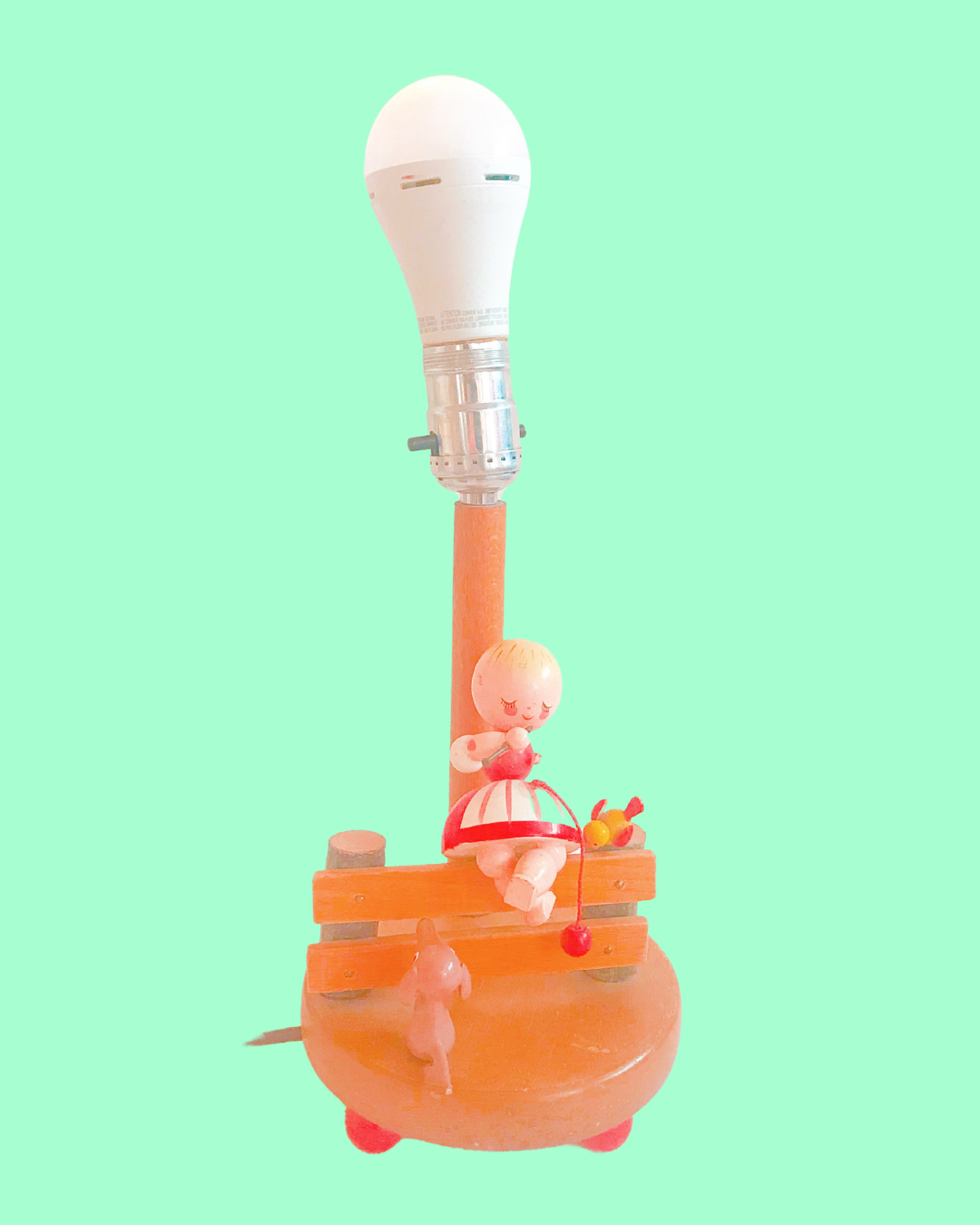 Vintage Handmade Wooden Lamp with Child on Fence with Bird and Puppy