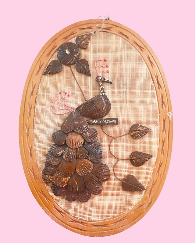 Vintage &amp; Handmade Peacock Art on Wood Made in Philippines 9 1/2 inches by 14 inches