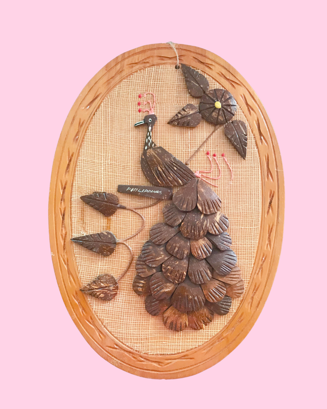 Vintage &amp; Handmade Peacock Art on Wood Made in Philippines 9 1/2 inches by 14 inches