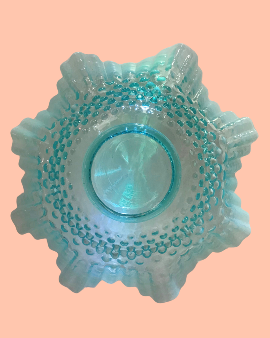 Vintage Fenton Aqua Opalescent Hobnail Bowl with Ruffles