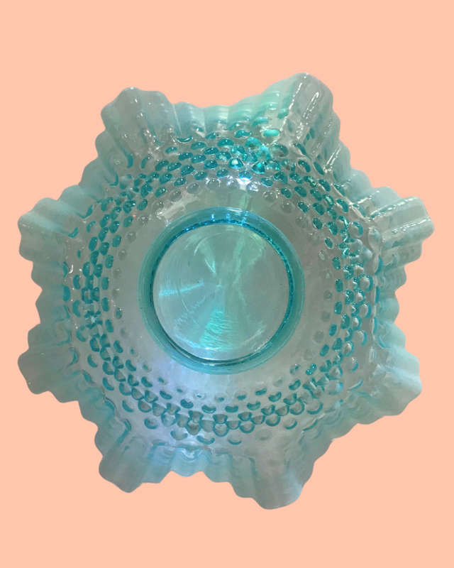 Vintage Fenton Aqua Opalescent Hobnail Bowl with Ruffles