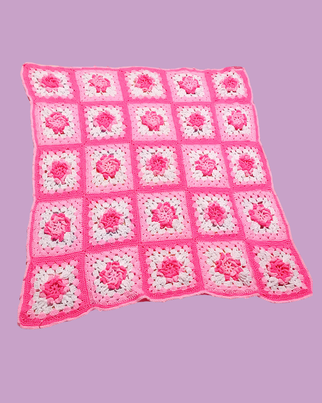 Handmade Crochet Pink &amp; White Flowers Blanket 55 in x 55 in