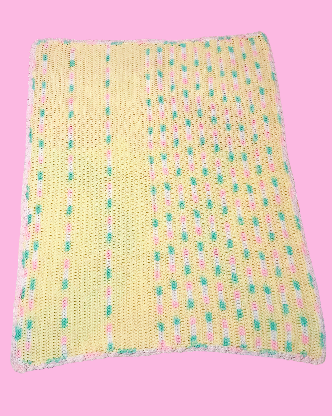 Handmade Crochet Yellow, Green &amp; Pink Kids Blanket 39 in x 50 in