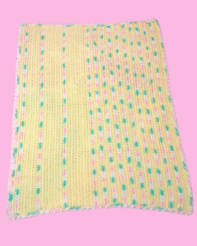 Handmade Crochet Yellow, Green &amp; Pink Kids Blanket 39 in x 50 in