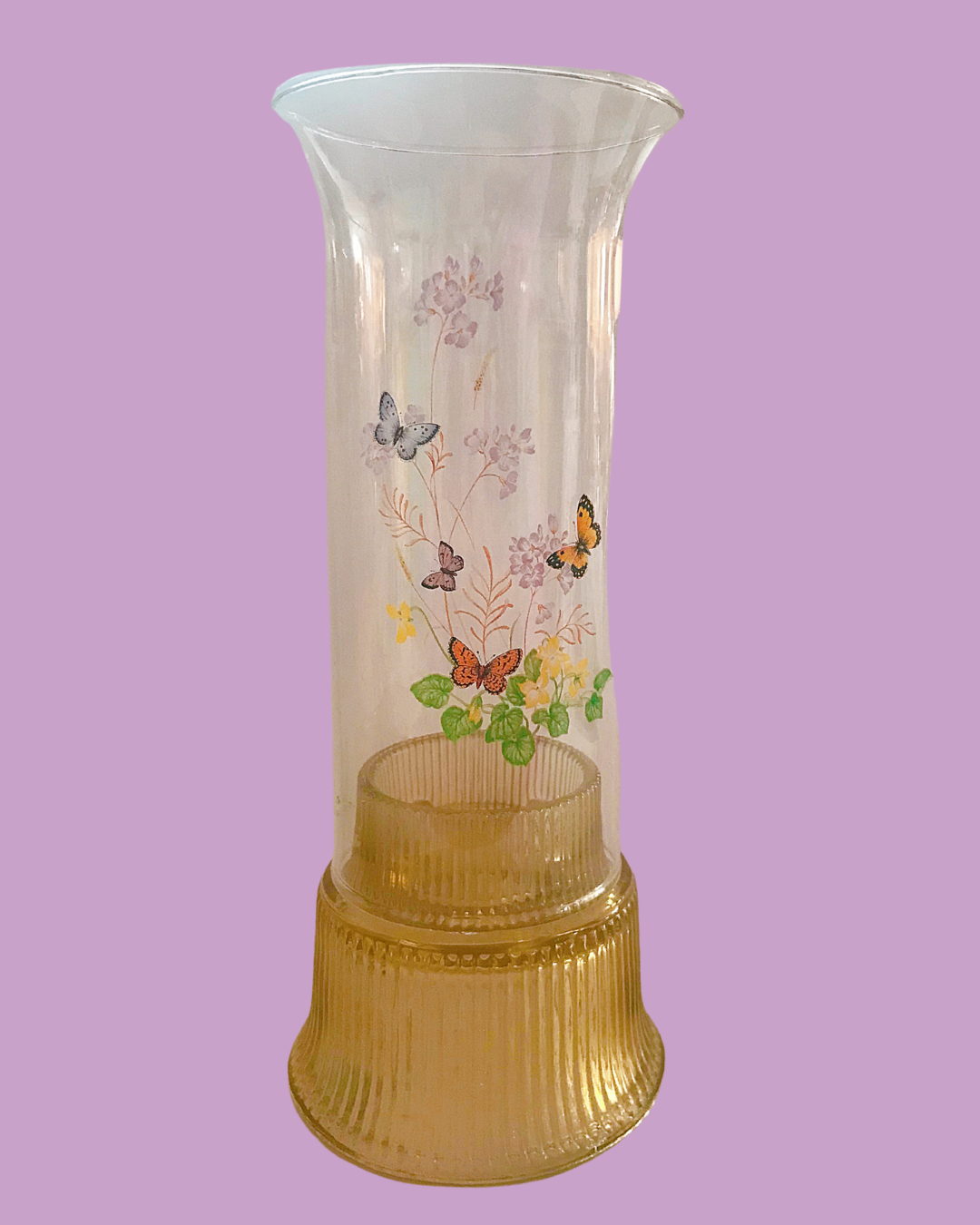 Vintage Glass Candle Holder with Butterflies and Flowers (1970&#39;s / 1980&#39;s)