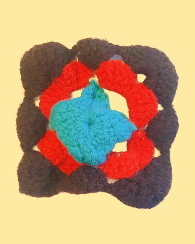Vintage Handmade Granny Square  Brown, Orange &amp; Blue Center 5 in x 5 in