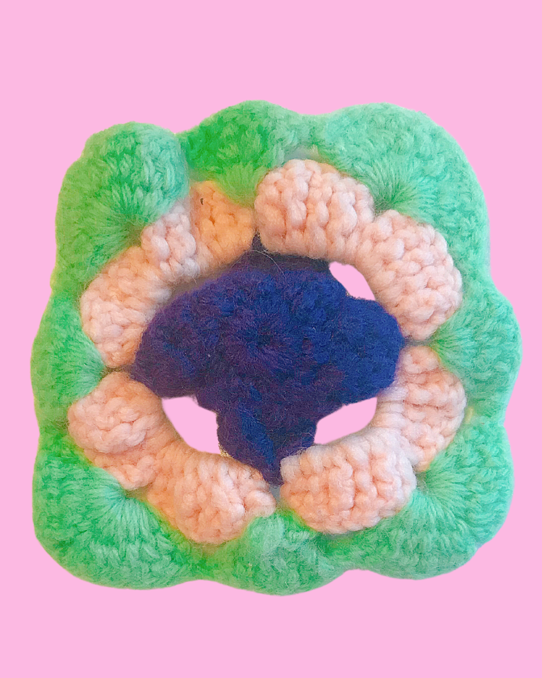 Vintage Handmade Granny Square Green, Light Pink &amp; Purple Center 5 in x 5 in