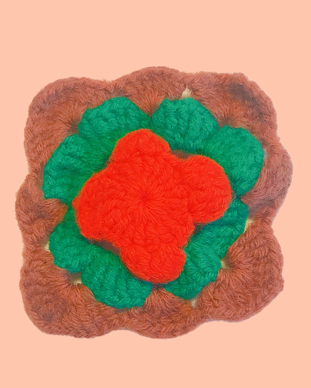 Vintage Handmade Granny Square Brown, Green &amp; Orange Center 5 in x 5 in