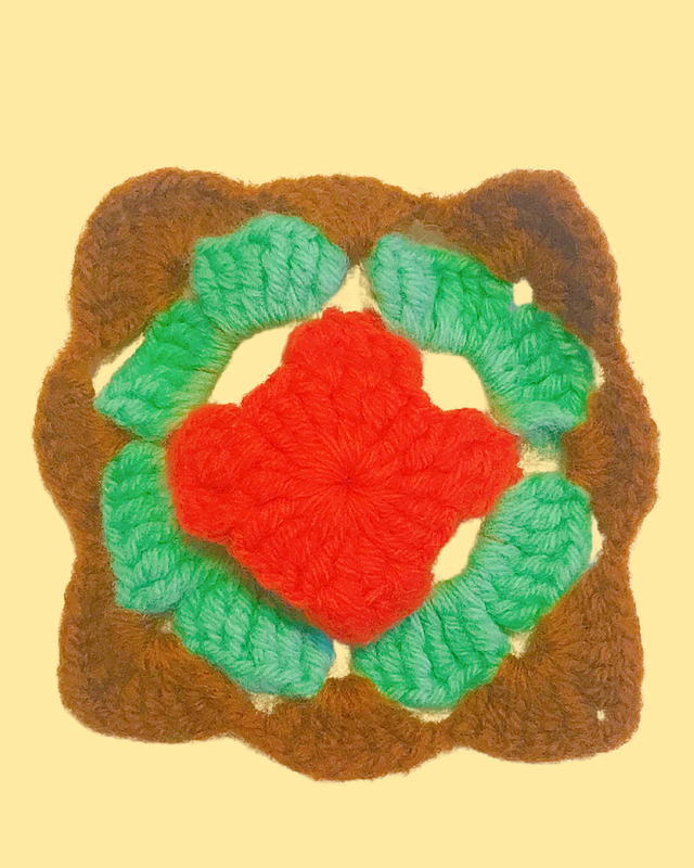 Vintage &amp; Handmade Granny Square Brown, Green &amp; Orange Center 5 in x 5 in