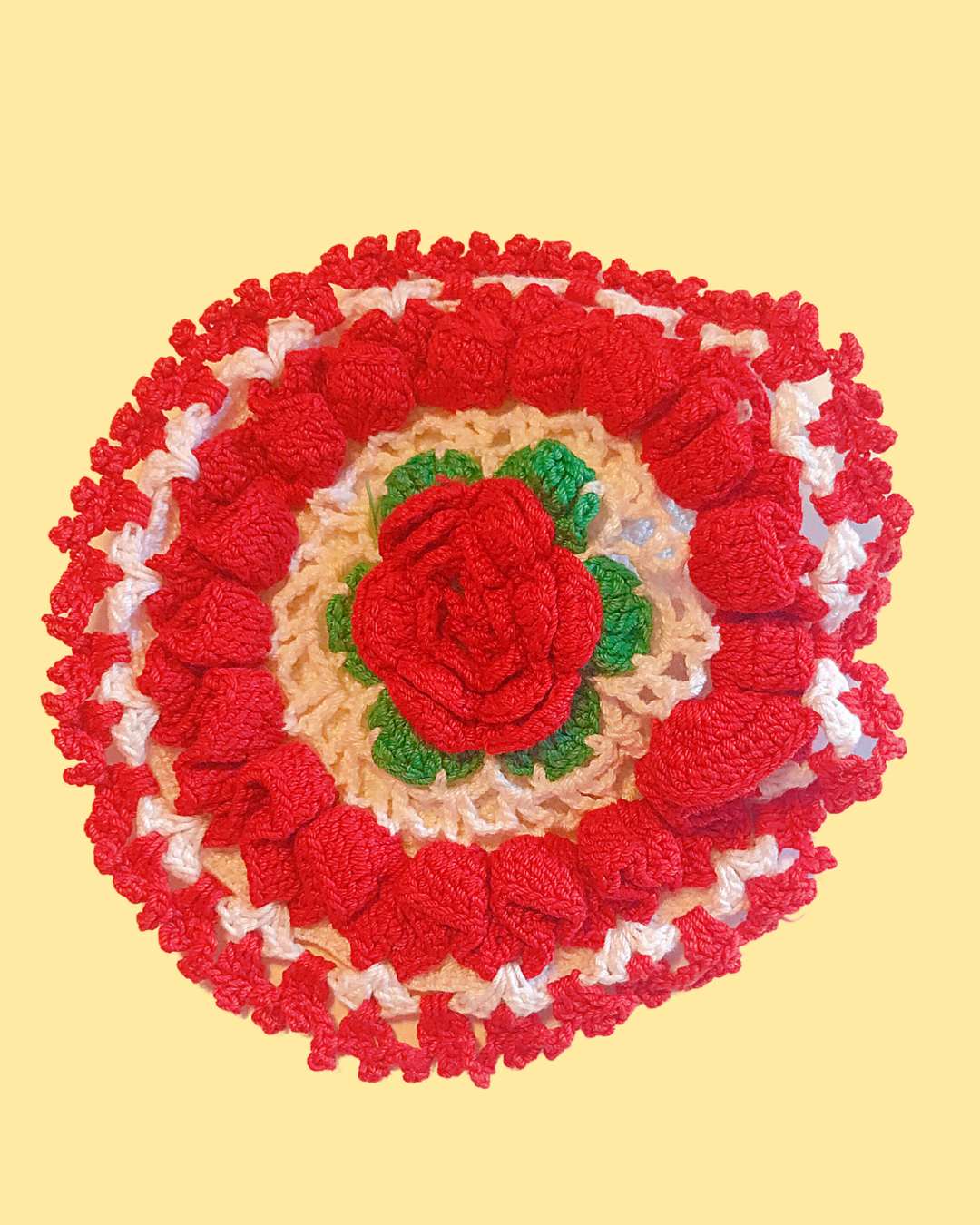 Vintage &amp; Handmade Red &amp; White Potholder with Red Rose 6 inches across