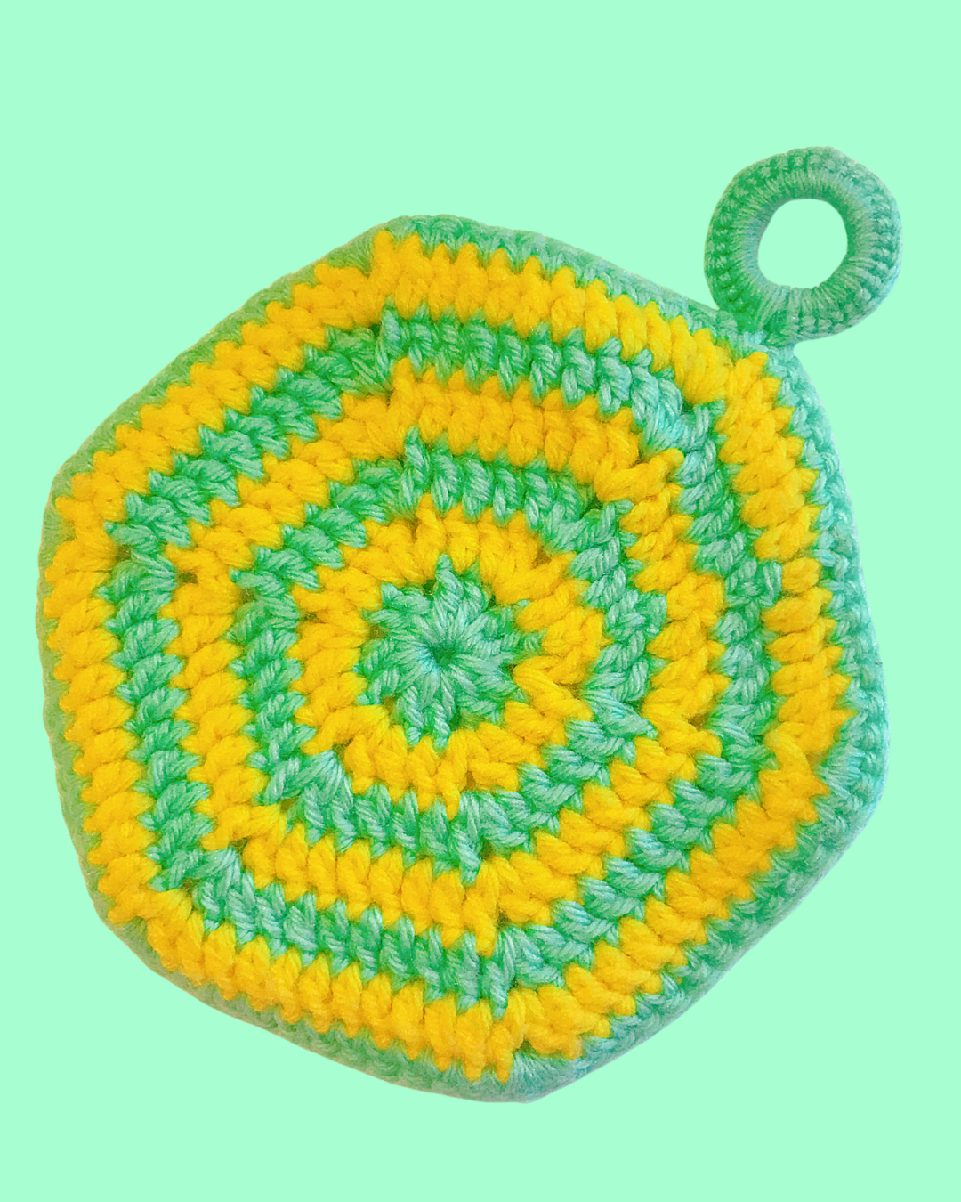 Vintage &amp; Handmade Yellow and Green Crochet Potholder 7 in across