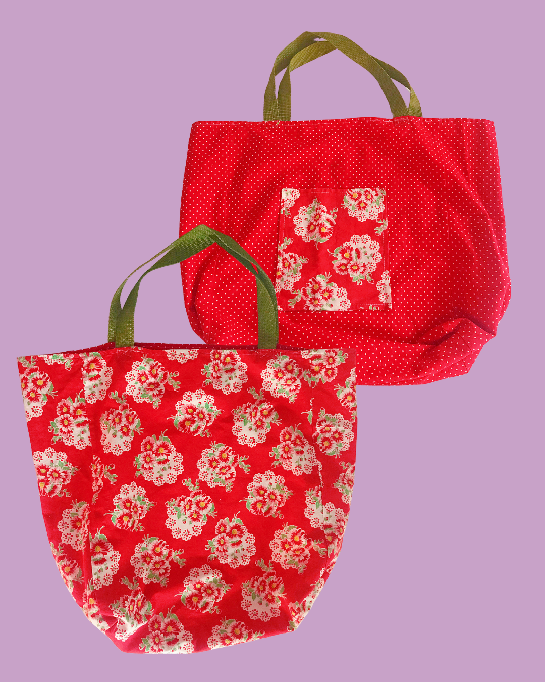 Reversible Red Handbag with Floral Print, Polka Dot Print &amp; Green Handles