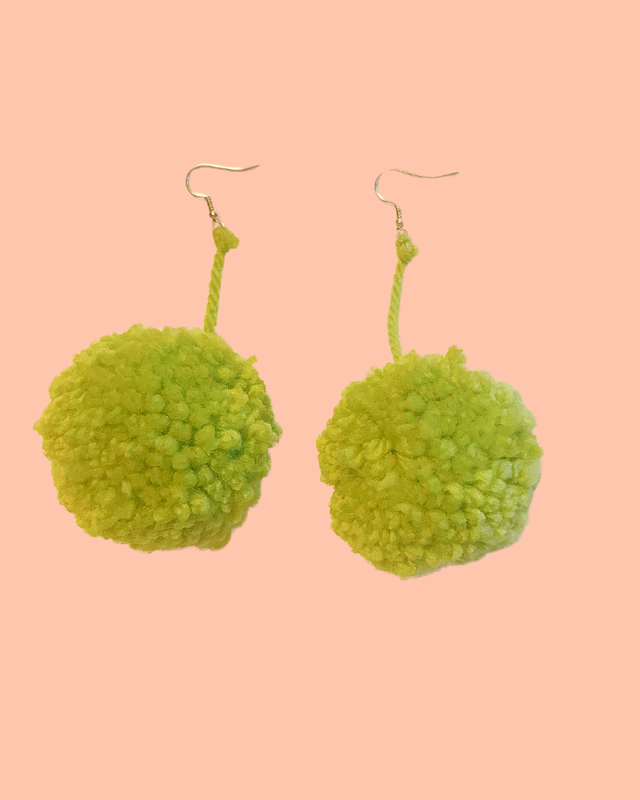 Large Handmade Dangling Green Pom Pom Earrings