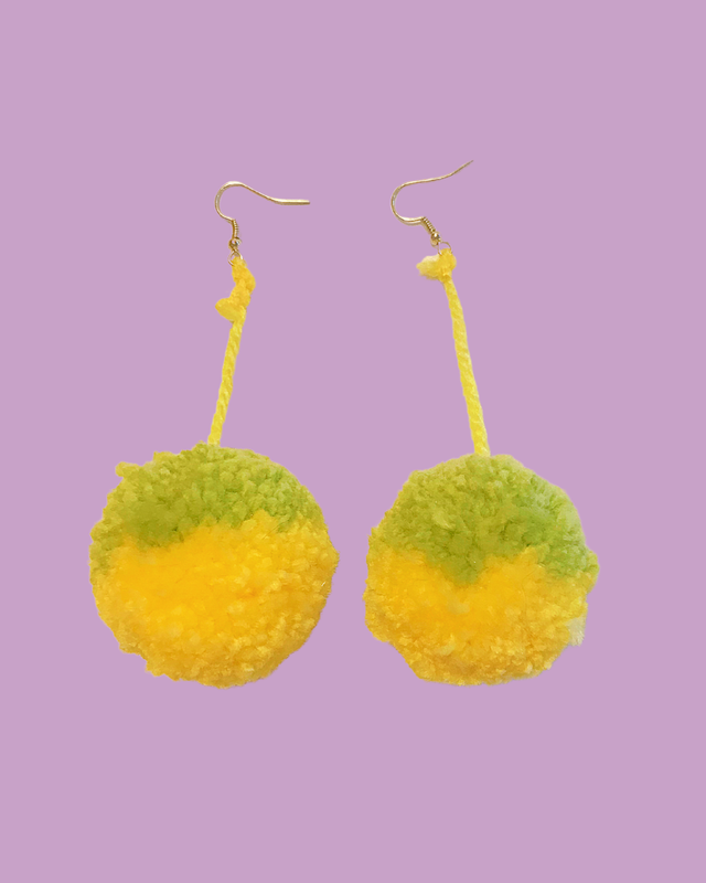Large Handmade Dangling Yellow &amp; Green Pom Pom Earrings