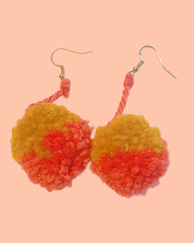 Small Handmade Dangling Mustard &amp; Orange Pom Pom Earrings