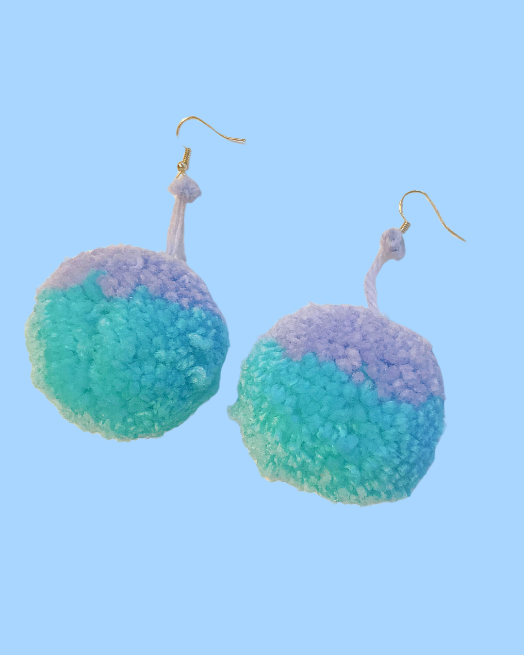 Large Handmade Turquoise &amp; Lavender Dangling Pom Pom Earrings