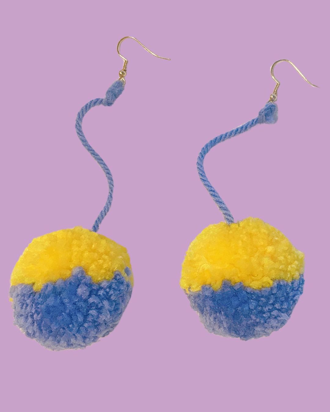 Medium Handmade Purple &amp; Yellow Dangling Pom Pom Earrings