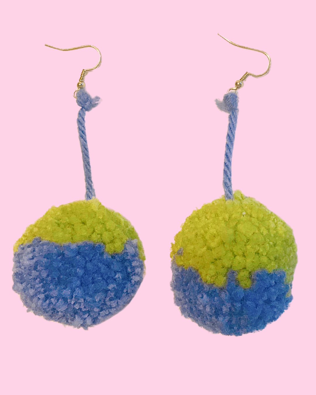 Medium Handmade Purple &amp; Green Dangling Pom Pom Earrings