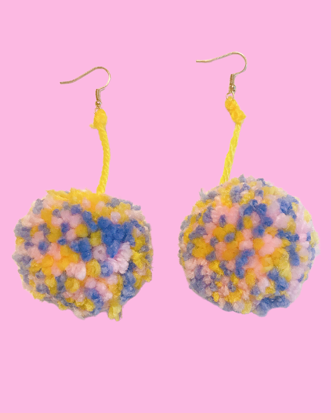 Medium Handmade Purple, Pink &amp; Yellow Dangling Pom Pom Earrings