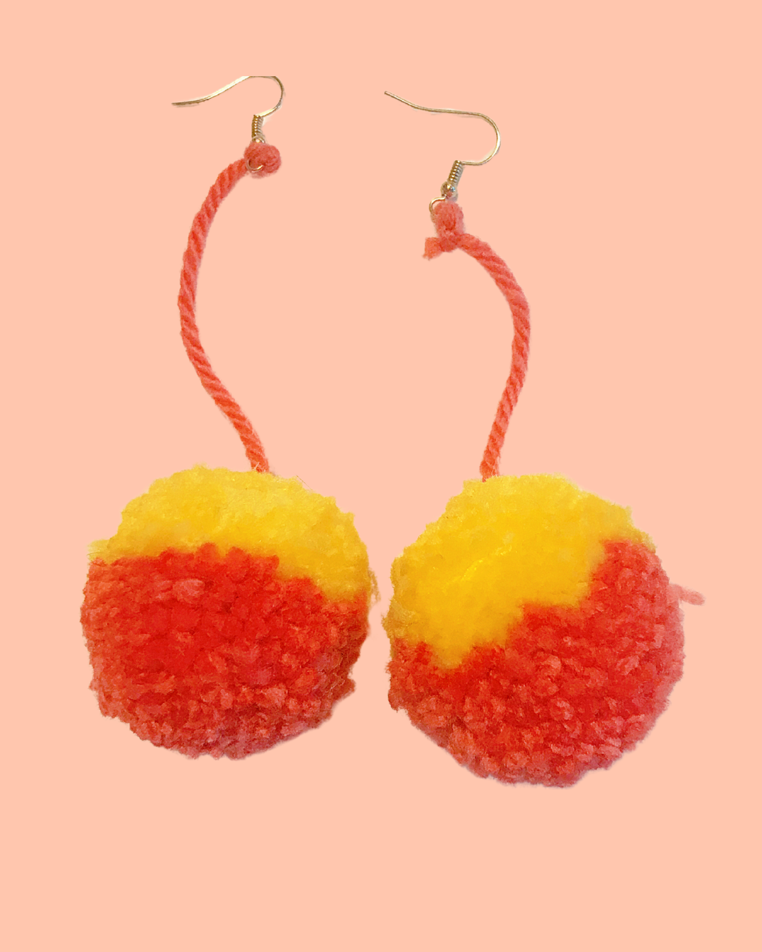 Medium Handmade Yellow &amp; Orange Dangling Pom Pom Earrings