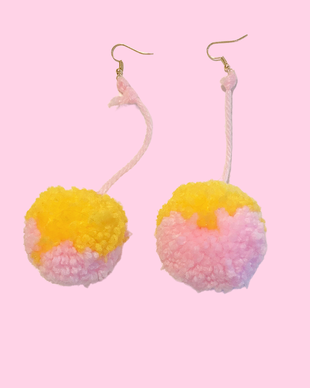 Medium Handmade Pink &amp; Yellow Dangling Pom Pom Earrings