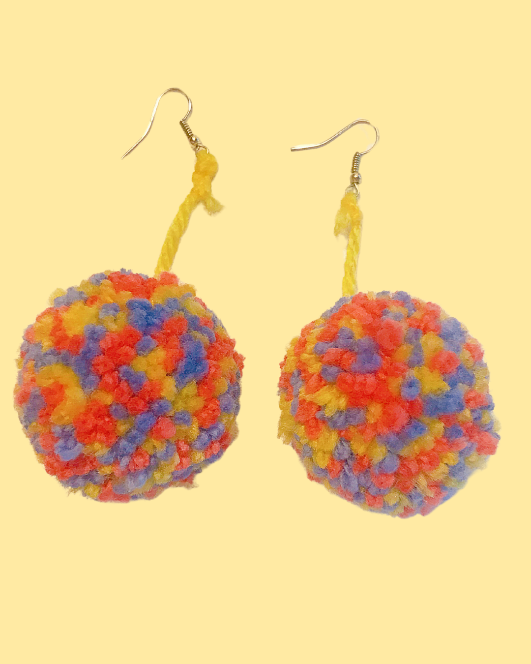 Large Handmade Multi-Colored Dangling Pom Pom Earrings