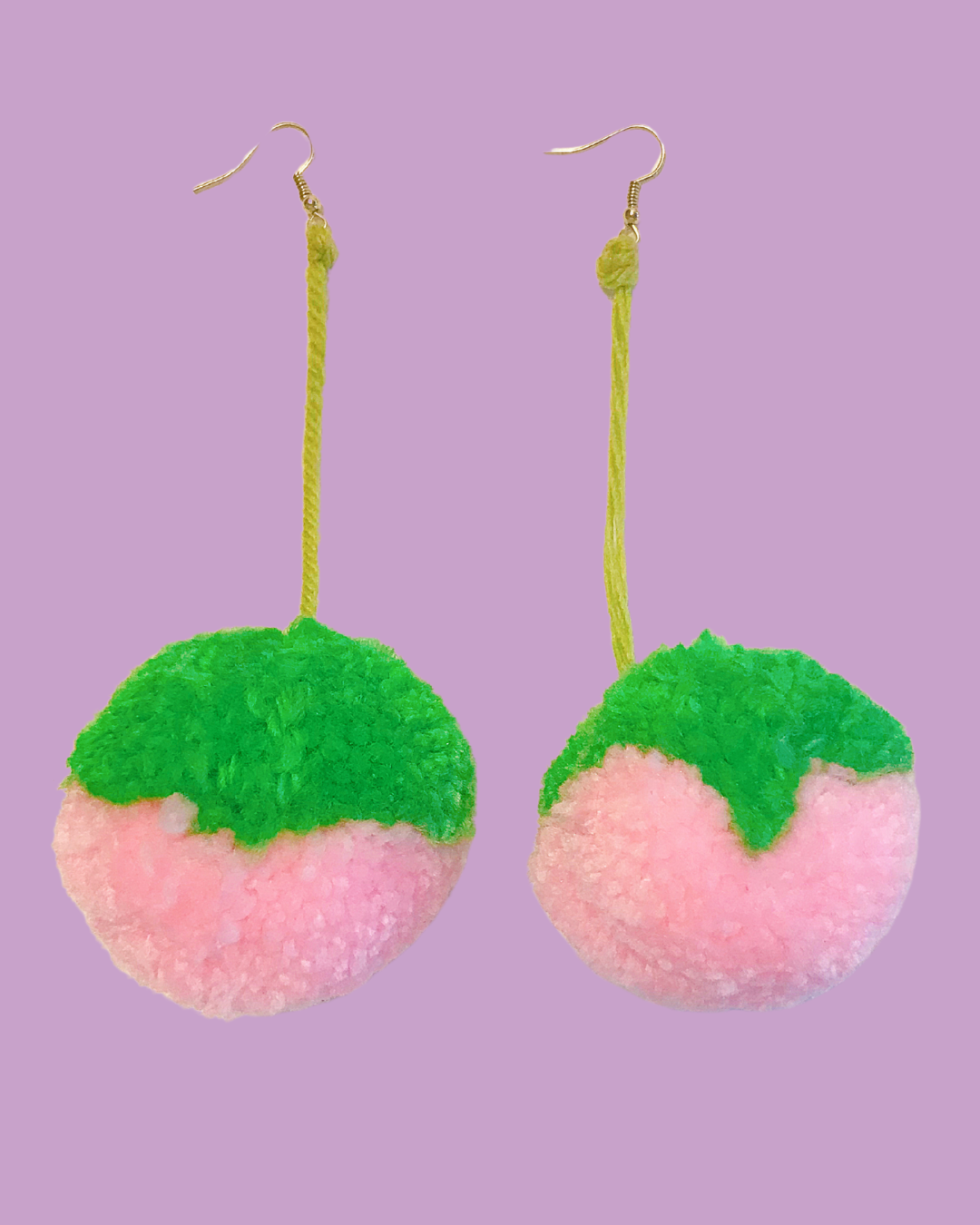 X-Large Handmade Pink &amp; Green Dangling Pom Pom Earrings
