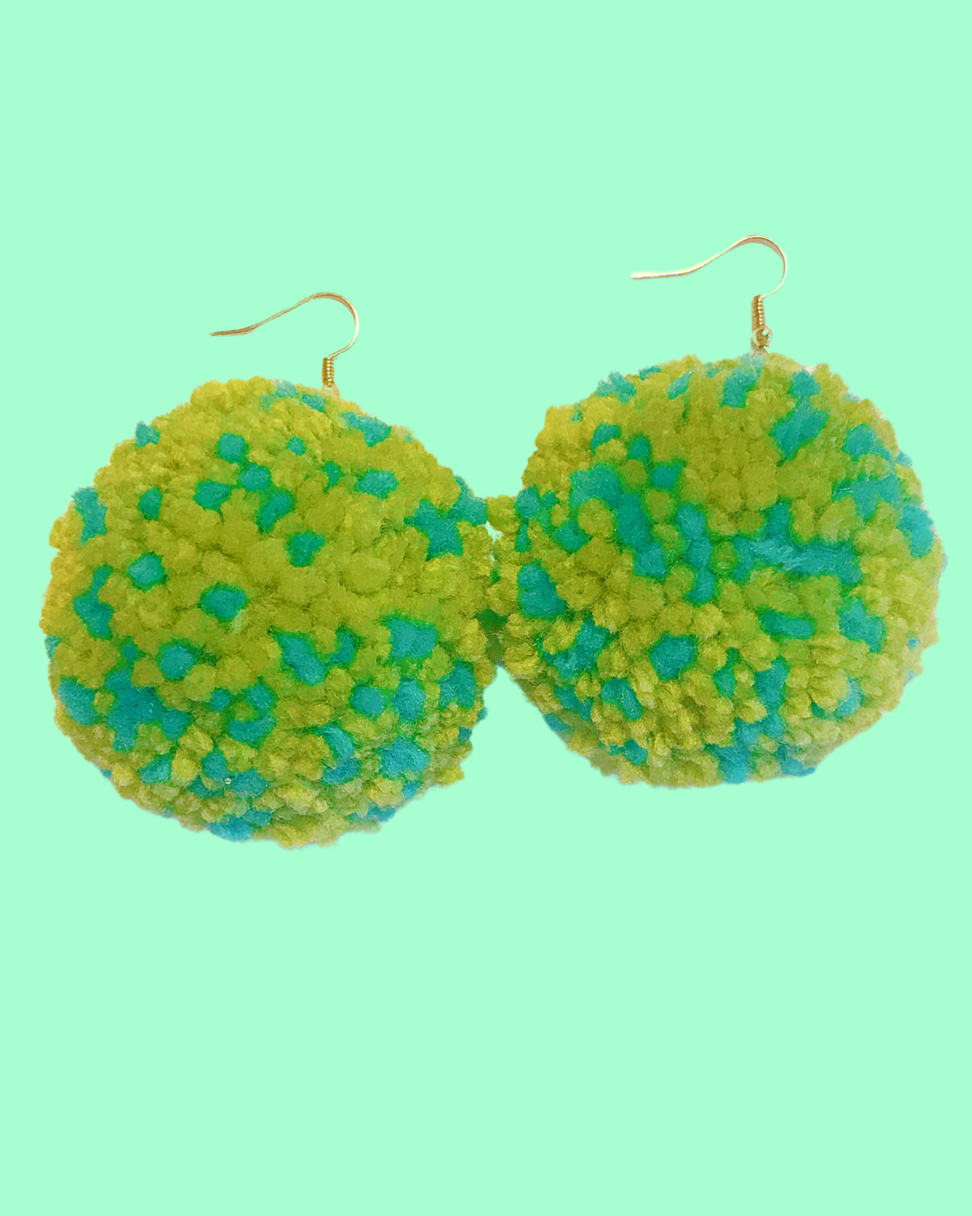 XL Handmade Green &amp; Blue Pom Pom Earrings