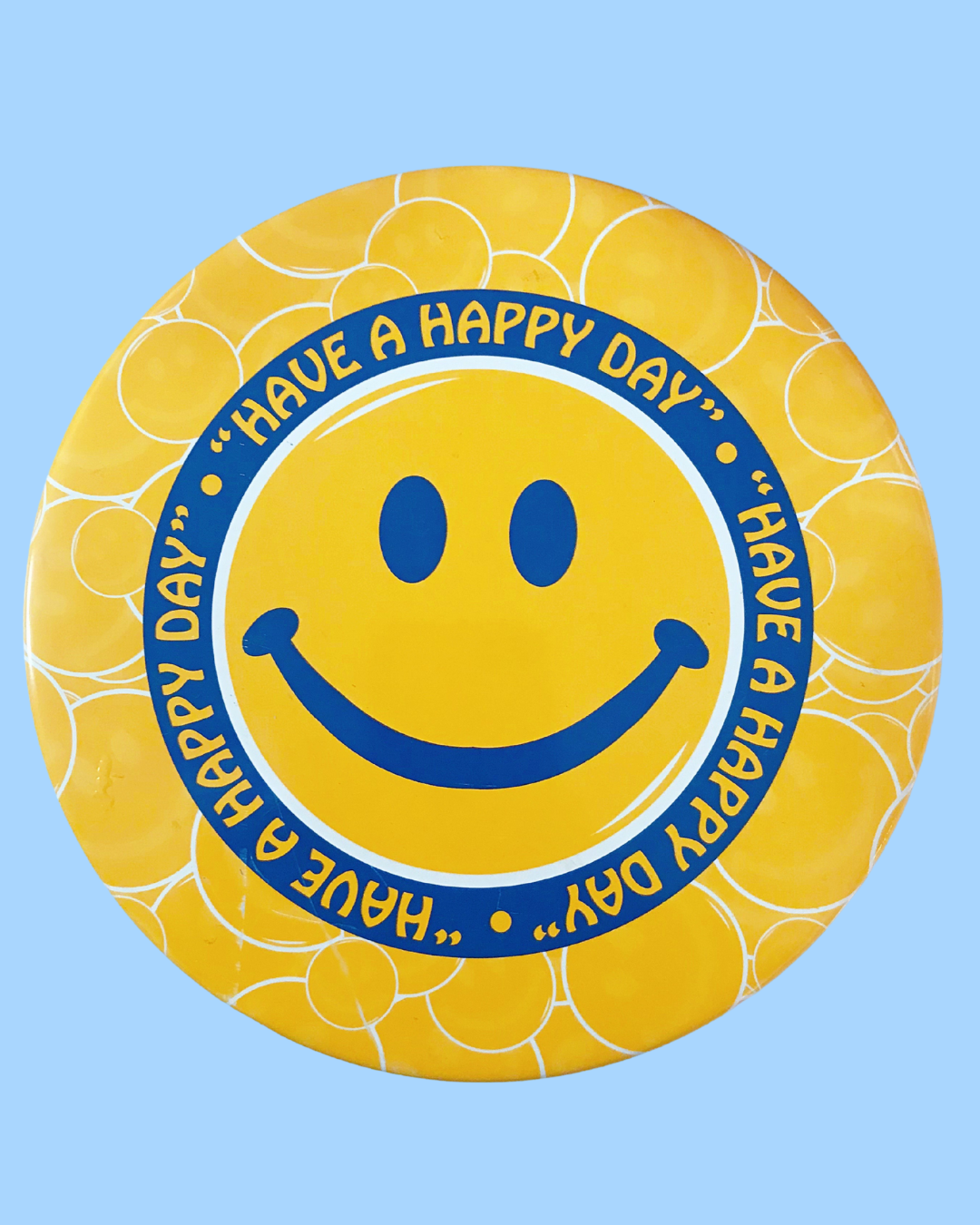&quot;Have A Happy Day&quot; Smiley Face Vintage Tin Can 6 1/2 inches across (1970&#39;s)
