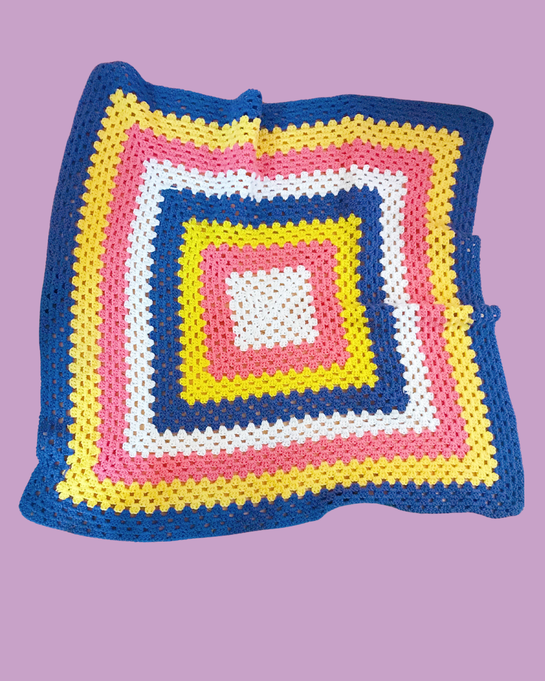 Handmade Crochet Purple, Yellow, Pink &amp; White Square Blanket 40 in x 40 in