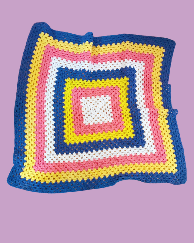 Handmade Crochet Purple, Yellow, Pink &amp; White Square Blanket 40 in x 40 in